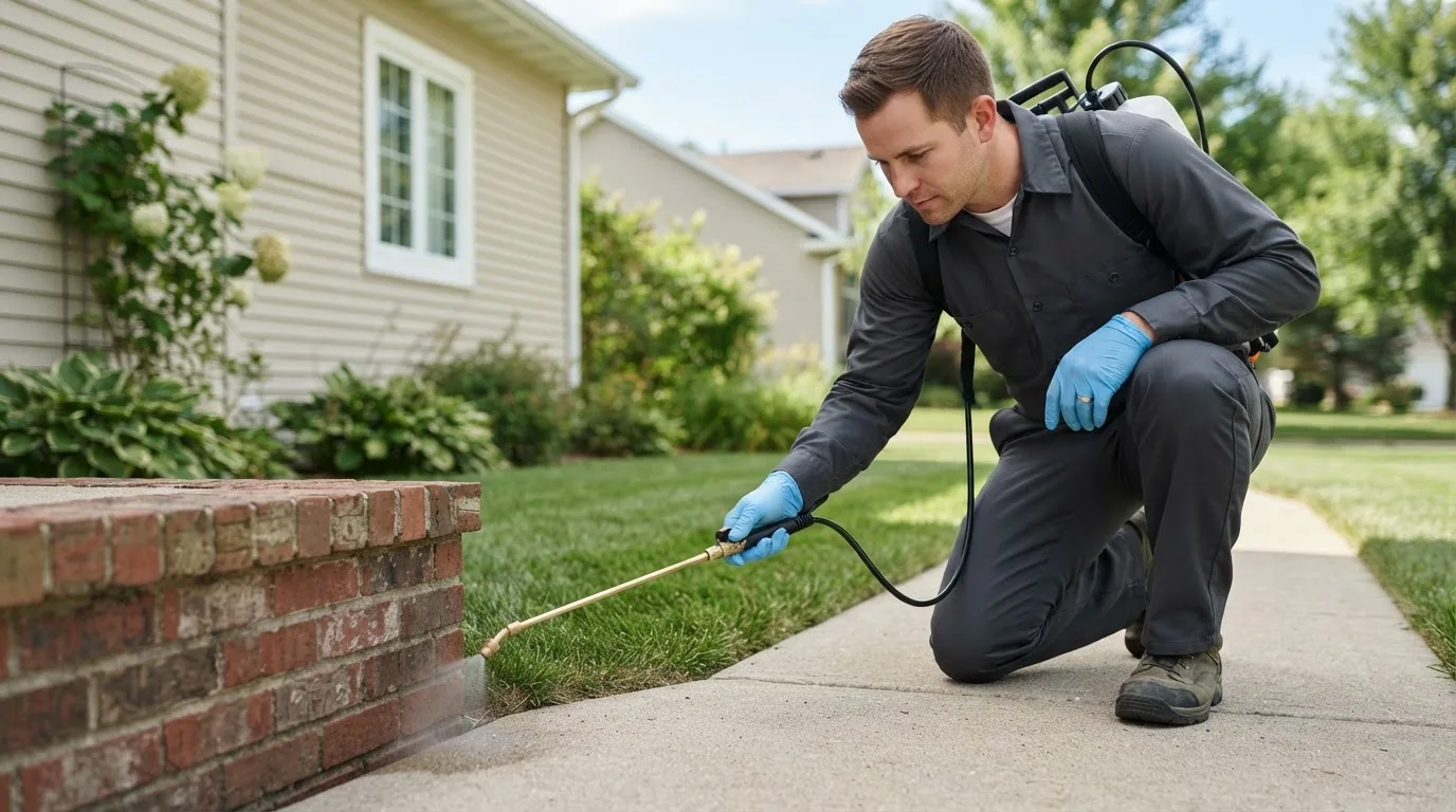 Pest control technician treating a home near Falmouth, MA